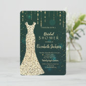 Invitation Robe à paillettes dorées, douche de mariage verte (Debout devant)