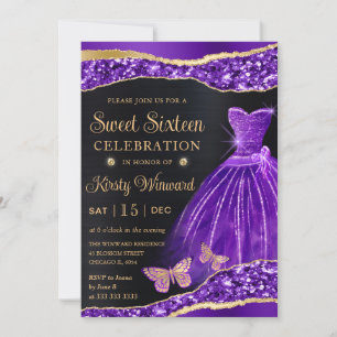 Invitation Robe à paillettes dorées et violettes aquarelle Sw