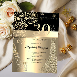Invitation Robe à Paillettes Dorées Fleurs en Verre 30e Anniv