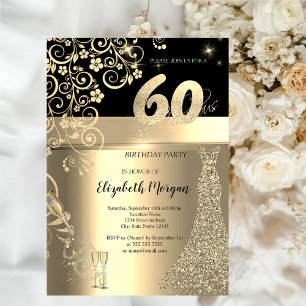 Invitation Robe à Paillettes Dorées Fleurs en Verre 60ème Ann