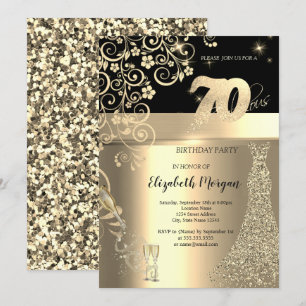 Invitation Robe à Paillettes Dorées Fleurs en Verre 70e Anniv