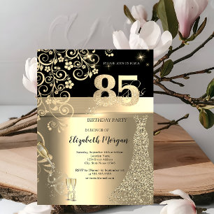 Invitation Robe à Paillettes Dorées Fleurs en Verre 85e Anniv