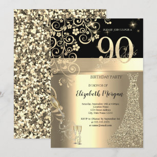 Invitation Robe à Paillettes Dorées Fleurs en Verre 90e Anniv