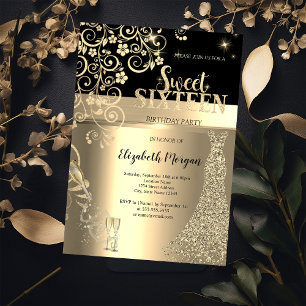 Invitation Robe à paillettes dorées Fleurs en verre Douce 16e