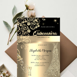 Invitation Robe à paillettes dorées Fleurs en verre Quinceane