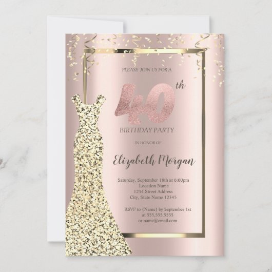 Invitation Robe à paillettes dorées Rose Gold 40e Anniversair (Devant)