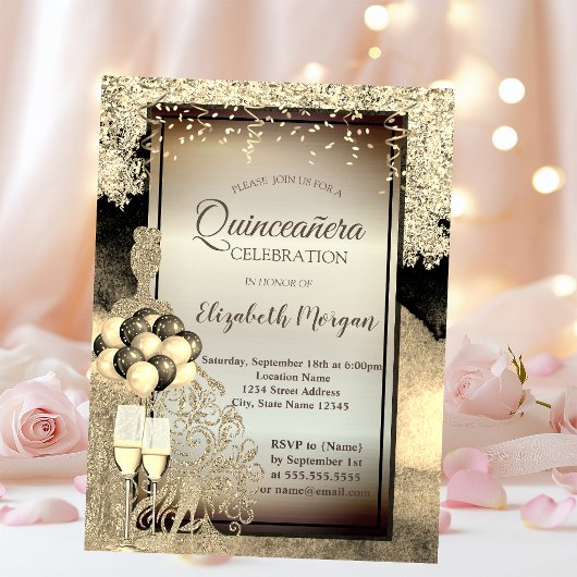 Invitation Robe à paillettes dorées,Talons, Célébration de Qu