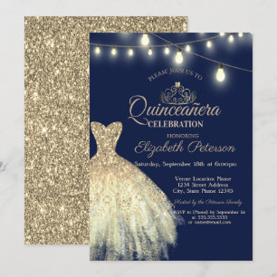 Invitation Robe à paillettes dorées, Tiara Quinceañera