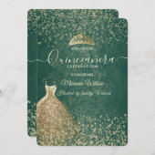 Invitation Robe à paillettes dorées vertes cool tiara Quincea (Devant / Derrière)