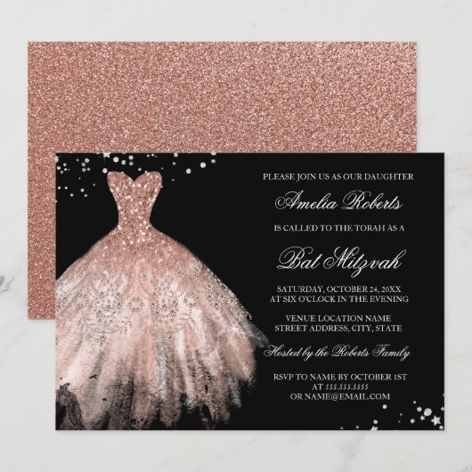 Invitation Robe à paillettes en or rose diamant Bat Mitzvah (Devant / Derrière)
