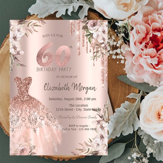 Invitation Robe à paillettes Rose Gold avec Fleurs pour 60e A