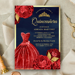 Invitation Robe à paillettes Roses rouges Navy Or Quinceanera