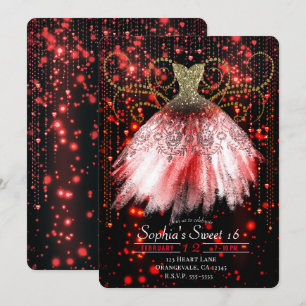 Invitation Robe à paillettes rouge noir or Fête Sweet 16