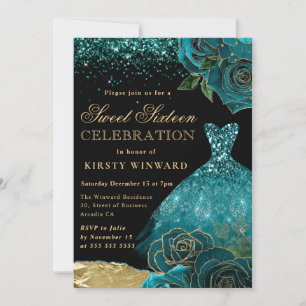 Invitation Robe à paillettes sarcelle et or Roses glamour 16