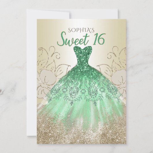Invitation Robe à paillettes verte et or pour les 16 ans  (Devant)