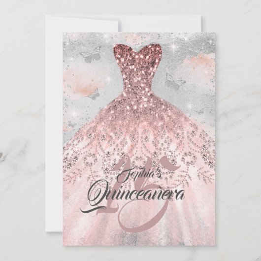 Invitation Robe à papillon en argent rose Quinceanera (Dos)