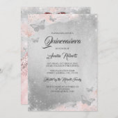 Invitation Robe à papillon en argent rose Quinceanera (Devant / Derrière)