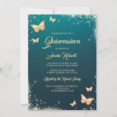 Invitation Robe à papillon turquoise or étincelante Quinceane (Devant)