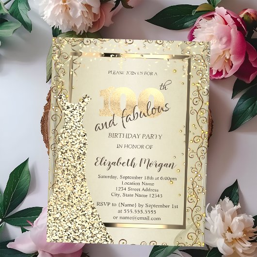Invitation Robe à sequins chic or 100e anniversaire