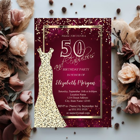 Invitation Robe à sequins dorés pour 50e anniversaire bordeau