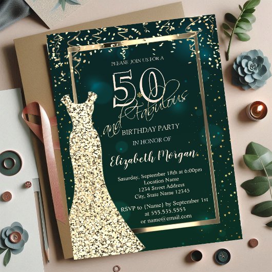 Invitation Robe à sequins dorés Vert 50e anniversaire