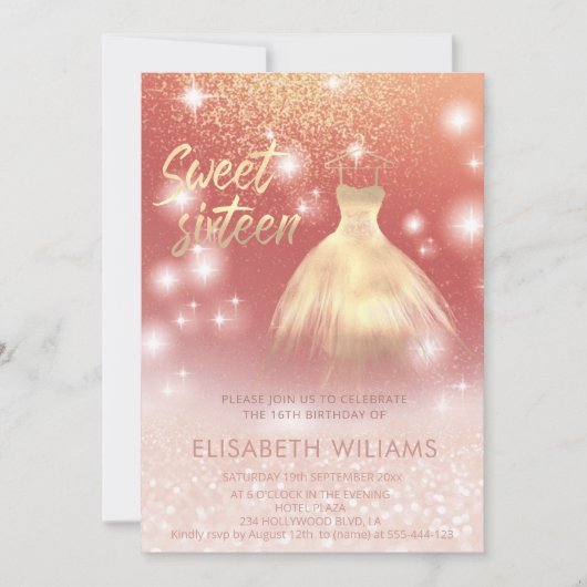 Invitation Robe adorable charmant rose or glittery ombre (Devant)