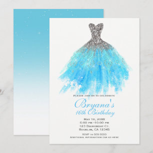 Invitation Robe Aqua Bleu Argent Paillettes Glamour Fête Swee