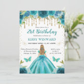 Invitation Robe Aqua et Sarcelle Princesse Blonde 21e Anniver (Debout devant)