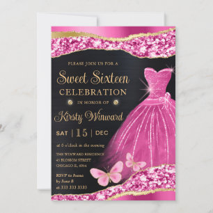 Invitation Robe aquarelle rose et paillettes dorées Sweet Six