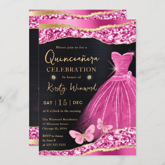 Invitation Robe Aquarelle Rose & Or Parties scintillant Robe (Devant / Derrière)