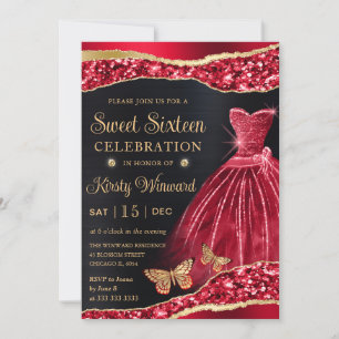 Invitation Robe aquarelle rouge et paillettes dorées Sweet Si