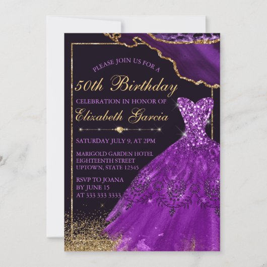 Invitation Robe aquarelle violette agate Anniversaire (Devant)