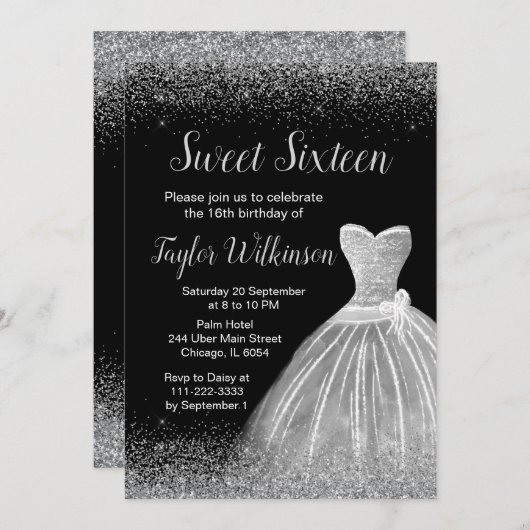 Invitation Robe Argent Faux Parties scintillant Douce 16 Anni (Devant / Derrière)