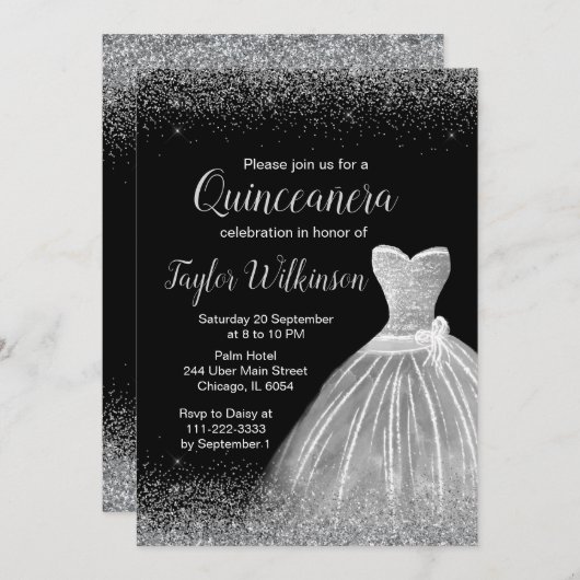 Invitation Robe Argent Faux Parties scintillant Quinceanera (Devant / Derrière)