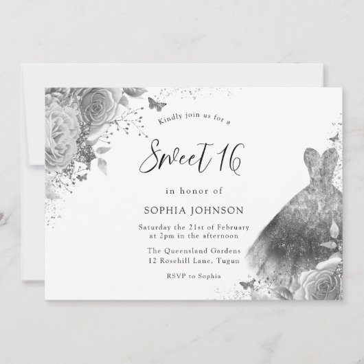 Invitation Robe Argent & Gris Floral Sweet 16 Party (Devant)