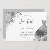 Invitation Robe Argent & Gris Floral Sweet 16 Party (Devant / Derrière)