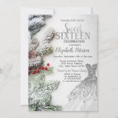 Invitation Robe Argent, Pine Arbre Branches Douce 16 Partie (Devant)