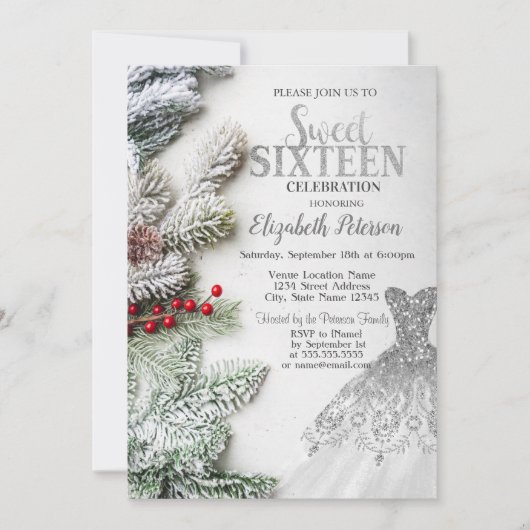 Invitation Robe Argent, Pine Arbre Branches Douce 16 Partie (Devant)