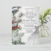 Invitation Robe Argent, Pine Arbre Branches Douce 16 Partie (Debout devant)