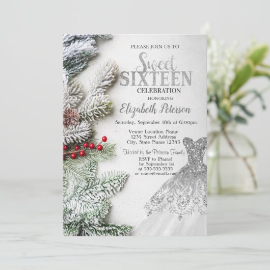 Invitation Robe Argent, Pine Arbre Branches Douce 16 Partie (Debout devant)