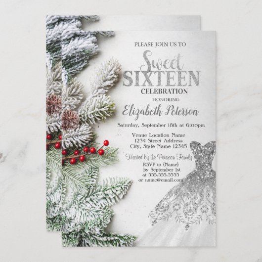 Invitation Robe Argent, Pine Arbre Branches Douce 16 Partie (Devant / Derrière)