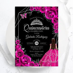 Invitation Robe argent rose fuchsia pour Quinceanera florale