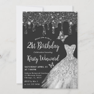 Invitation Robe argentée et paillettes noires 21e anniversair