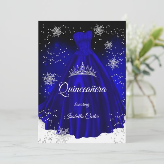 Invitation Robe argentée flocon de neige bleu royal pour Quin (Debout devant)