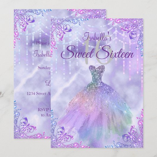 Invitation Robe argentée lilas violet Sweet 16 (Devant / Derrière)