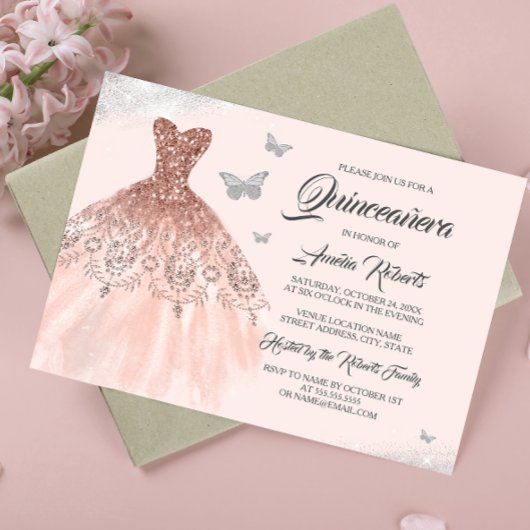 Invitation Robe argentée or rose pailletée Quinceanera