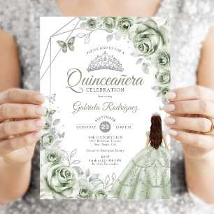Invitation Robe argentée vert sauge pour Quinceanera avec mot
