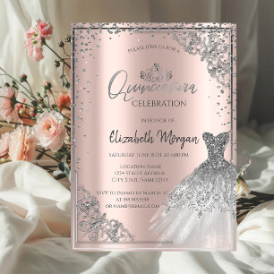 Invitation Robe argentéeCouronne, Diamants sur fond or rose Q