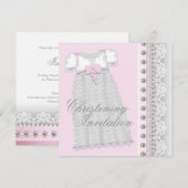 Invitation Robe bébé fille Perles d'Argent Rose Baptême (Devant / Derrière)