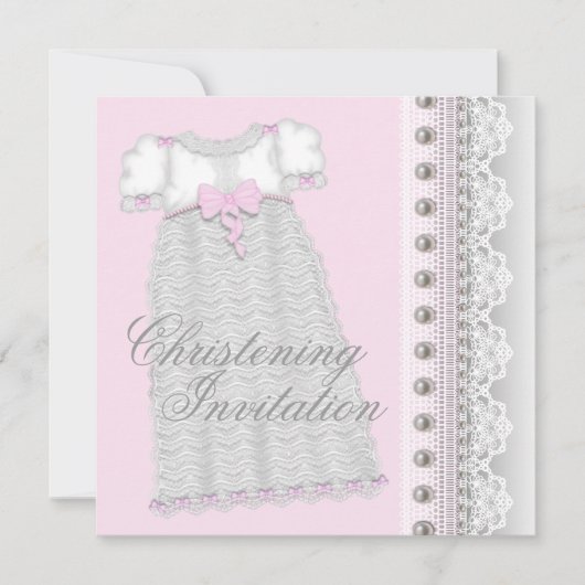 Invitation Robe bébé fille Perles d'Argent Rose Baptême (Devant)